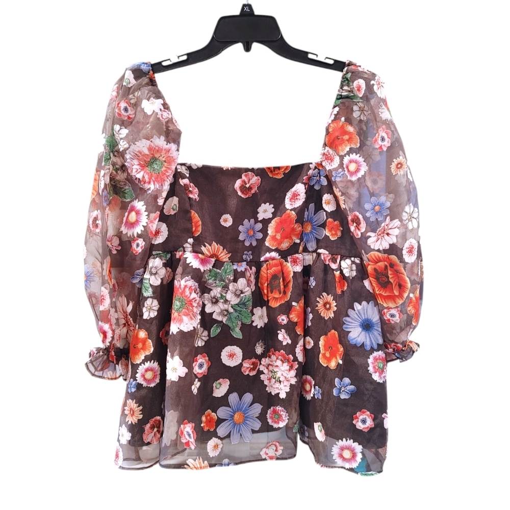 Storia Colorful Floral Sheer Balloon Sleeve Babydoll Blouse Women's Size XL